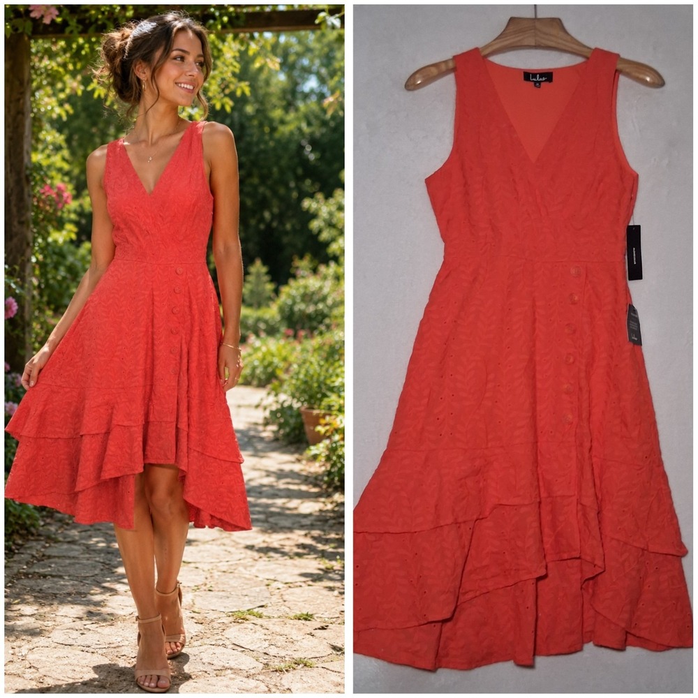 Lulus Vibrant Red Orange Eyelet Wrap Midi Dress Cotton Women Embroidered NWT - M